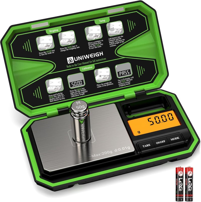 UNIWEIGH Digital Pocket Scale 200g/0.01g, Digital Scale Grams, Jewelry Scale,Coins Scale with 50g Cal Weights for Powder,Small Items,Tea,Jewelry,Coins (Battery Included)-Fluorescent Green - Image 1